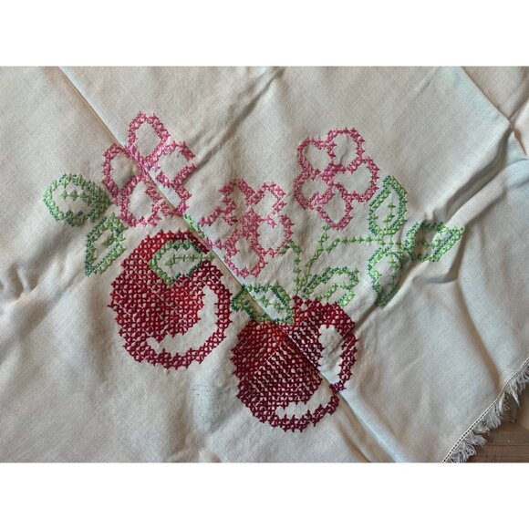 Pale yellow Vintage Linen Blend Handmade Tablecloth with Cross Stitched Cherries - Picture 3 of 7